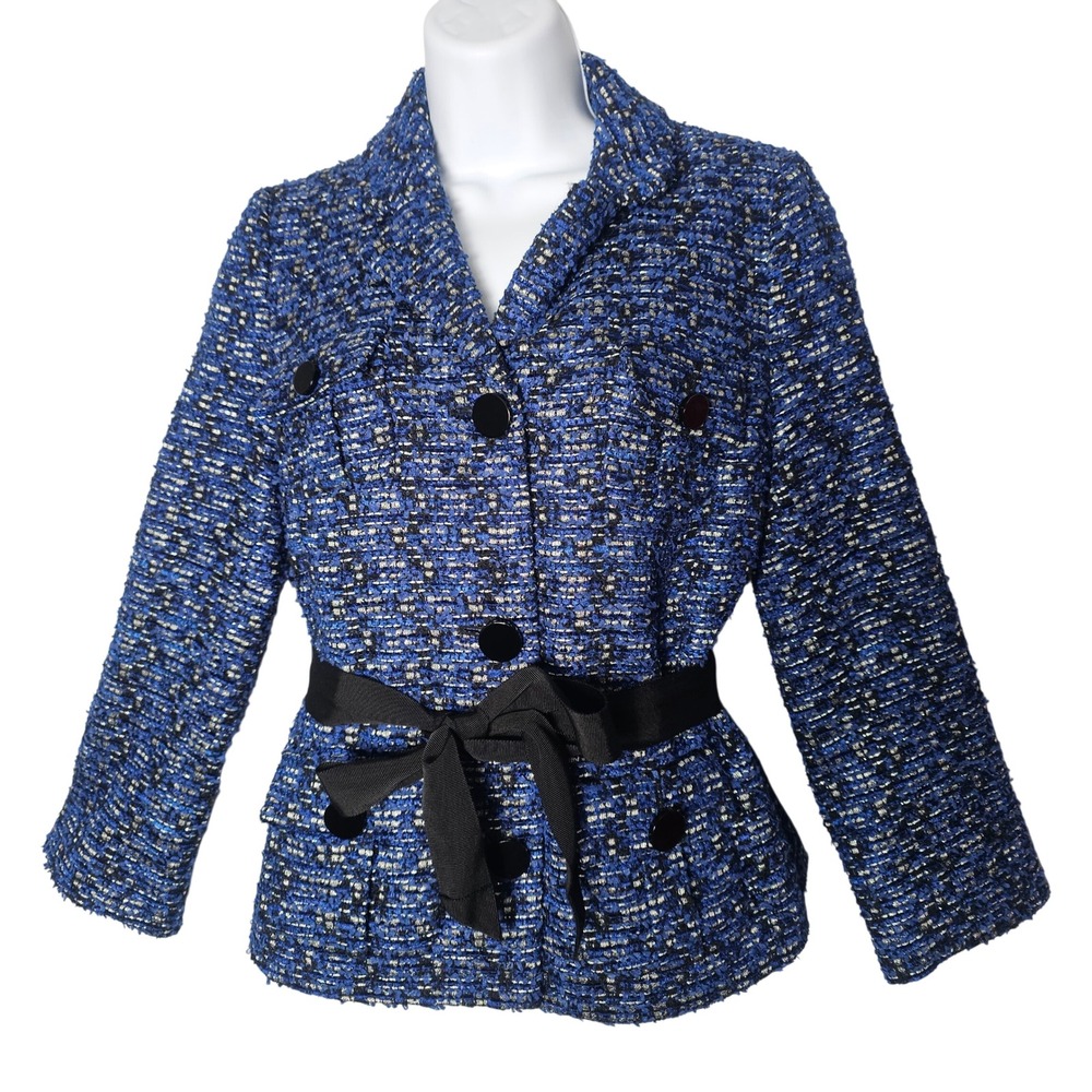 Kate Spade Women Belted Tweed Blazer 2 Blue Boucle Classic Preppy Professional